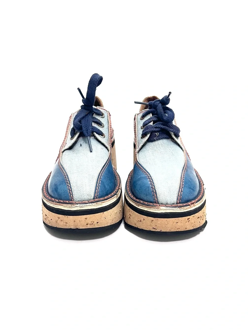 Vintage 1970s blue denim and vegan leather lace up platform heeled disco oxfords